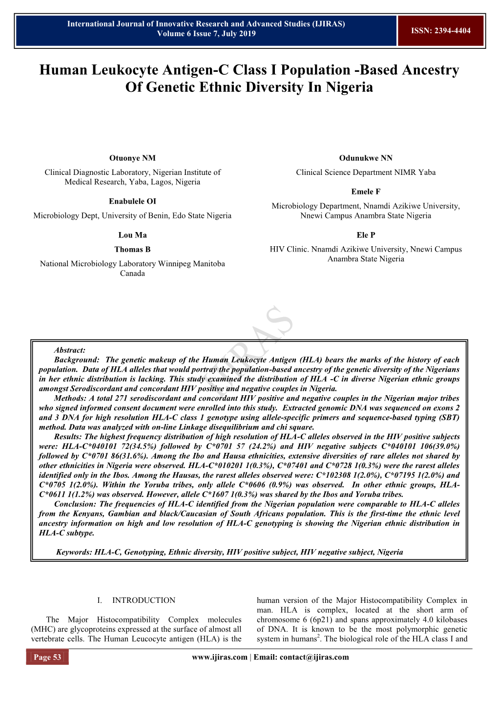 Human Leukocyte Antigen-C Class I Population -Based Ancestry of Genetic Ethnic Diversity in Nigeria