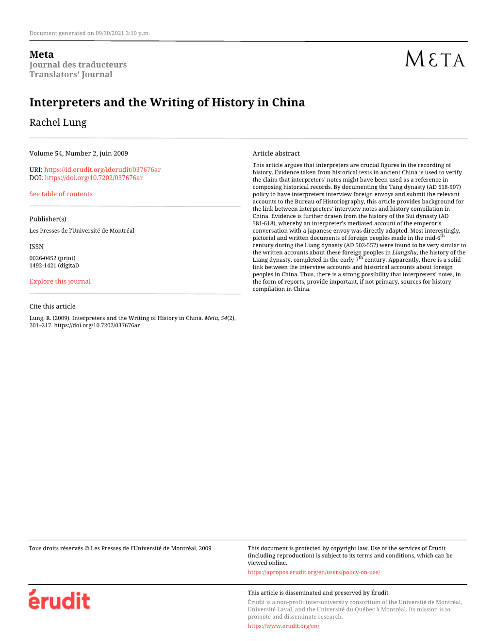 Interpreters and the Writing of History in China Rachel Lung