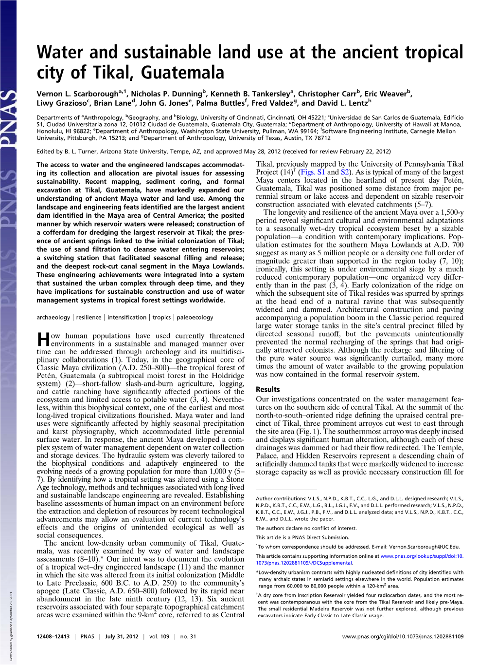 Water and Sustainable Land Use at the Ancient Tropical City of Tikal, Guatemala