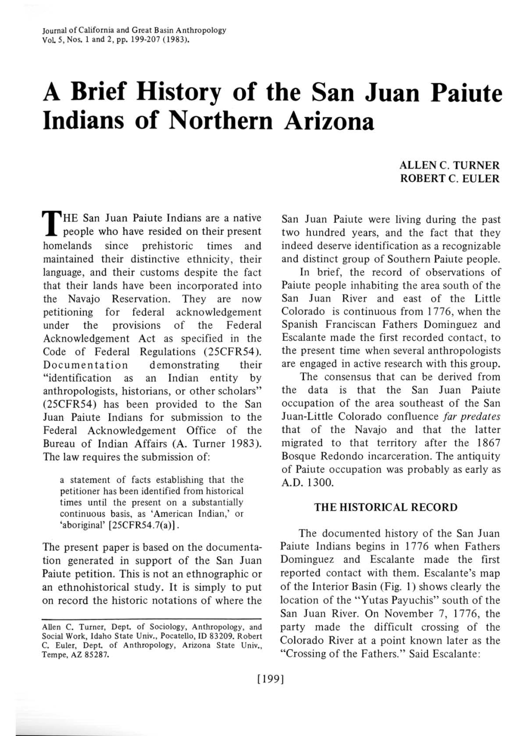 A Brief History of the San Juan Paiute Indians of Northern Arizona