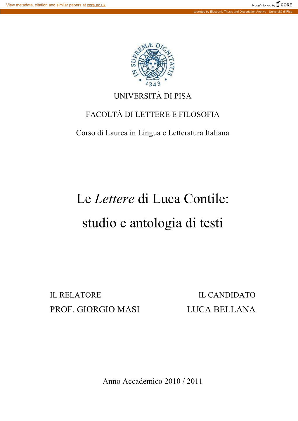 Le Lettere Di Luca Contile: Studio E Antologia Di Testi