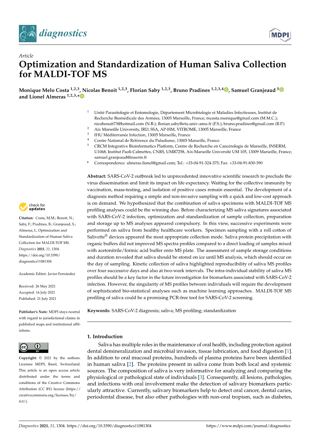 Optimization and Standardization of Human Saliva Collection for MALDI-TOF MS