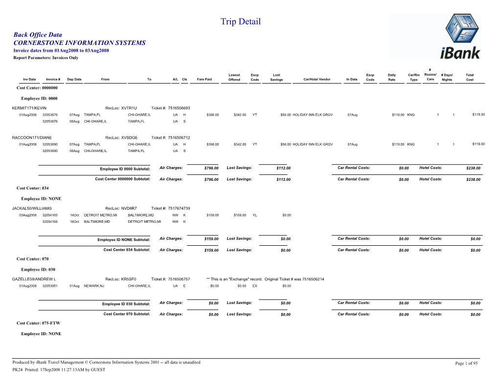 Trip Detail Back Office Data CORNERSTONE INFORMATION SYSTEMS Invoice Dates from 01Aug2008 to 03Aug2008 Report Parameters: Invoices Only