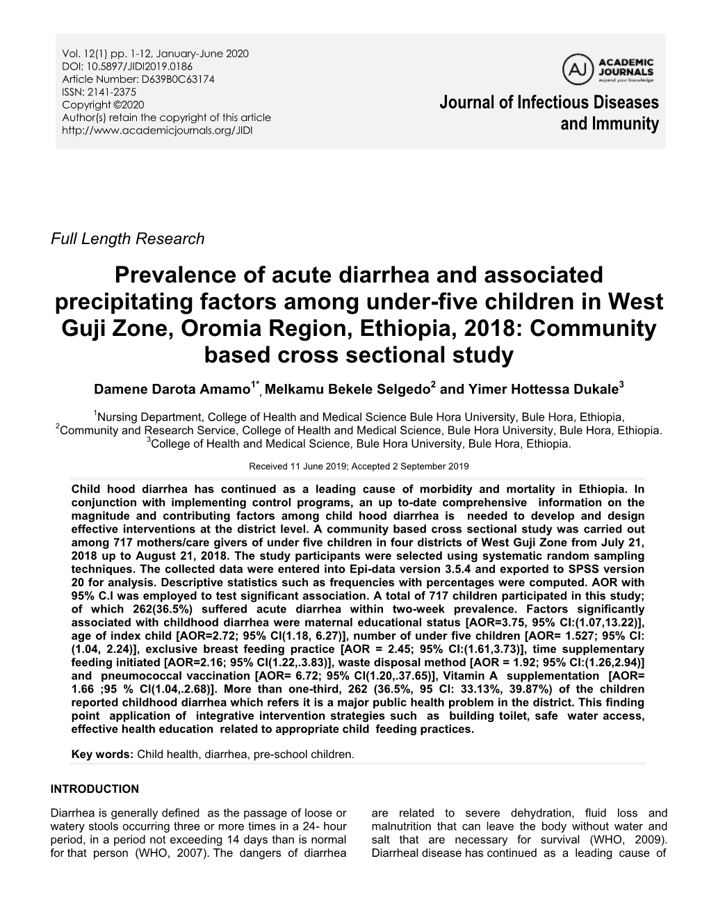 Prevalence of Acute Diarrhea and Associated Precipitating Factors