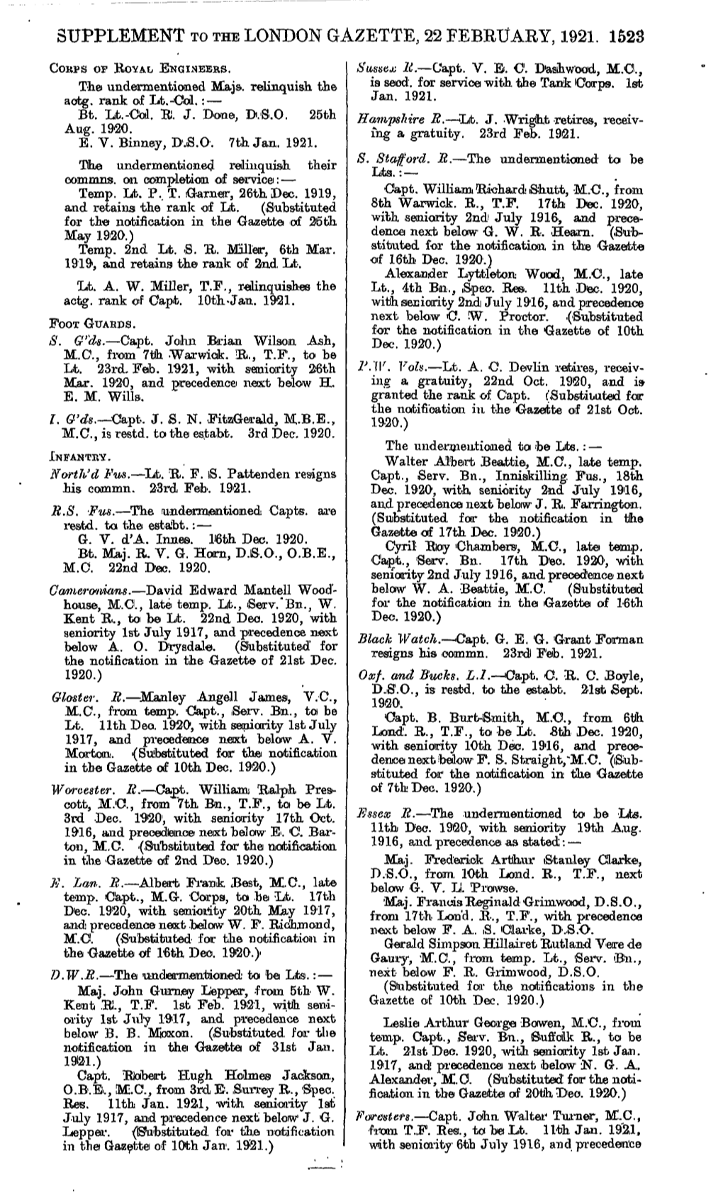 Supplement to the London Gazette, 22 February, 1921