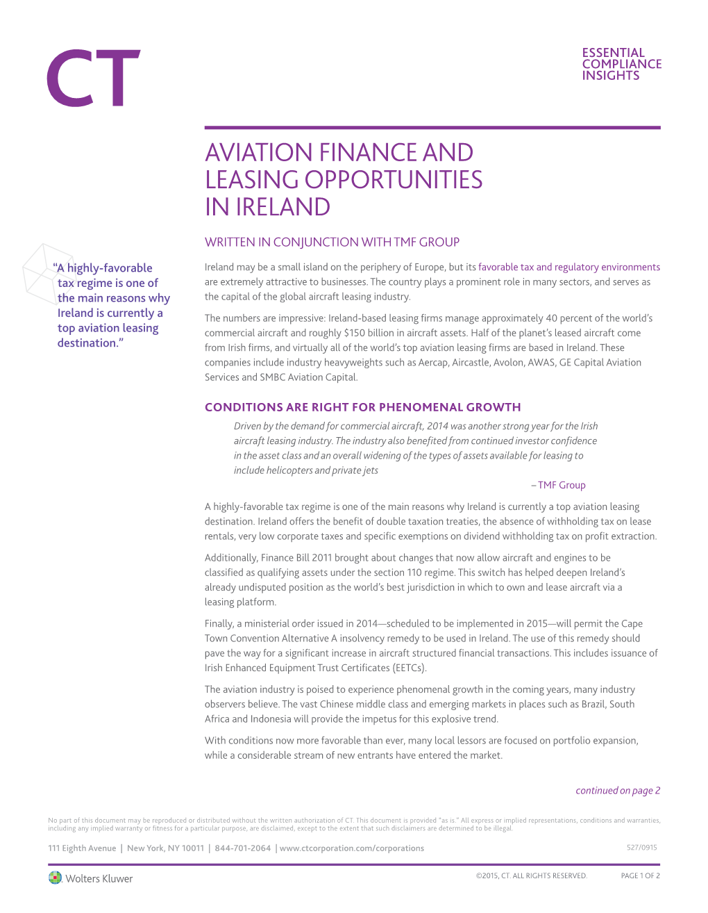 Aviation Finance & Leasing Opportunities in Ireland | CT