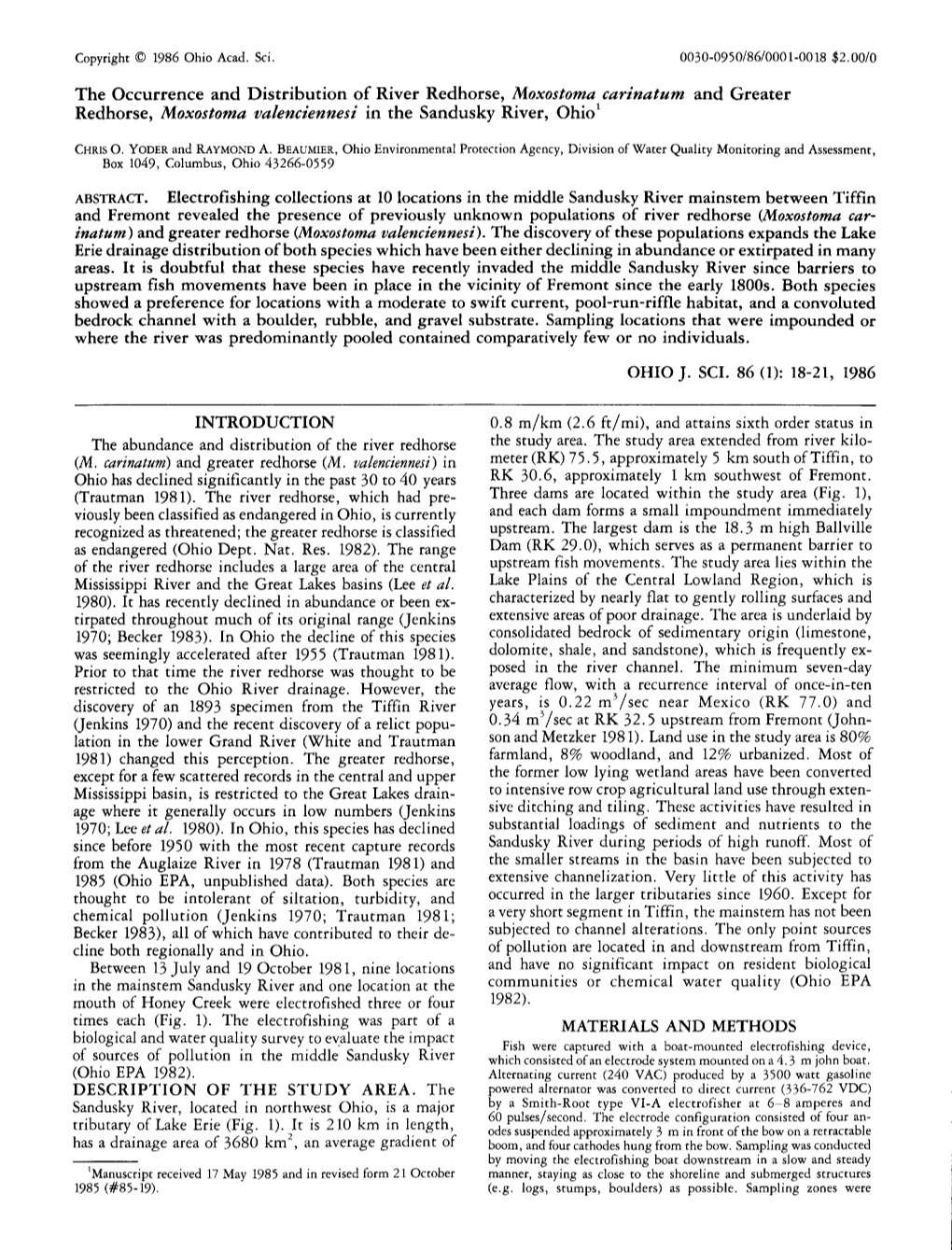 The Occurrence and Distribution of River Redhorse, Moxostoma Carinatum and Greater Redhorse, Moxostoma Valenciennesi in the Sandusky River, Ohio1