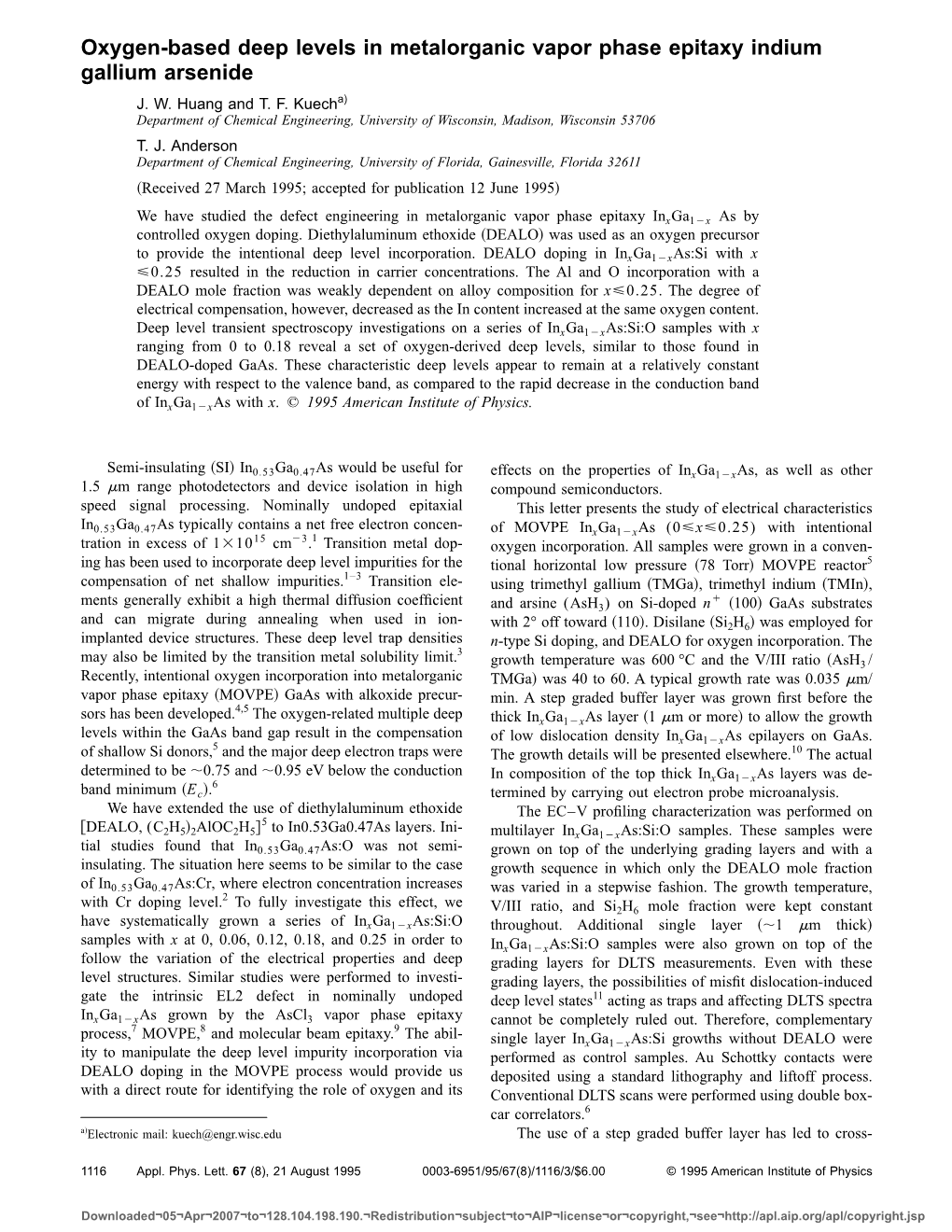 Oxygen-Based Deep Levels in Metalorganic Vapor Phase Epitaxy Indium Gallium Arsenide J