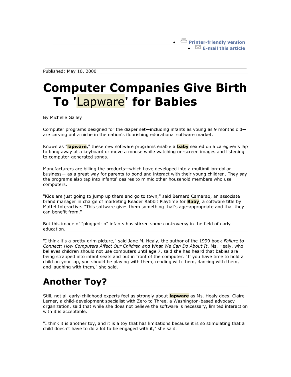 Computer Companies Give Birth to 'Lapware' for Babies