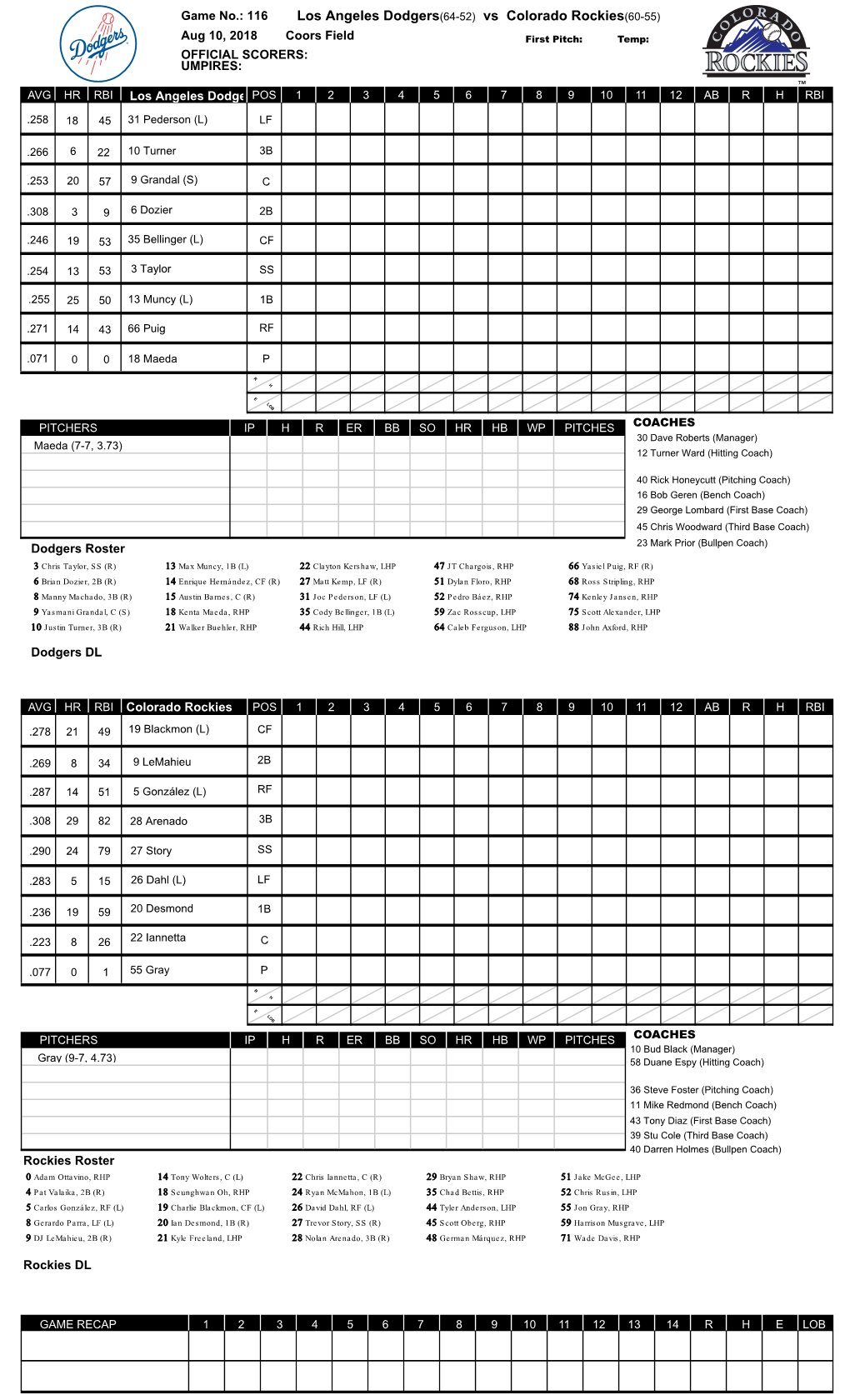 Los Angeles Dodgers(64-52) Vs Colorado Rockies(60-55)