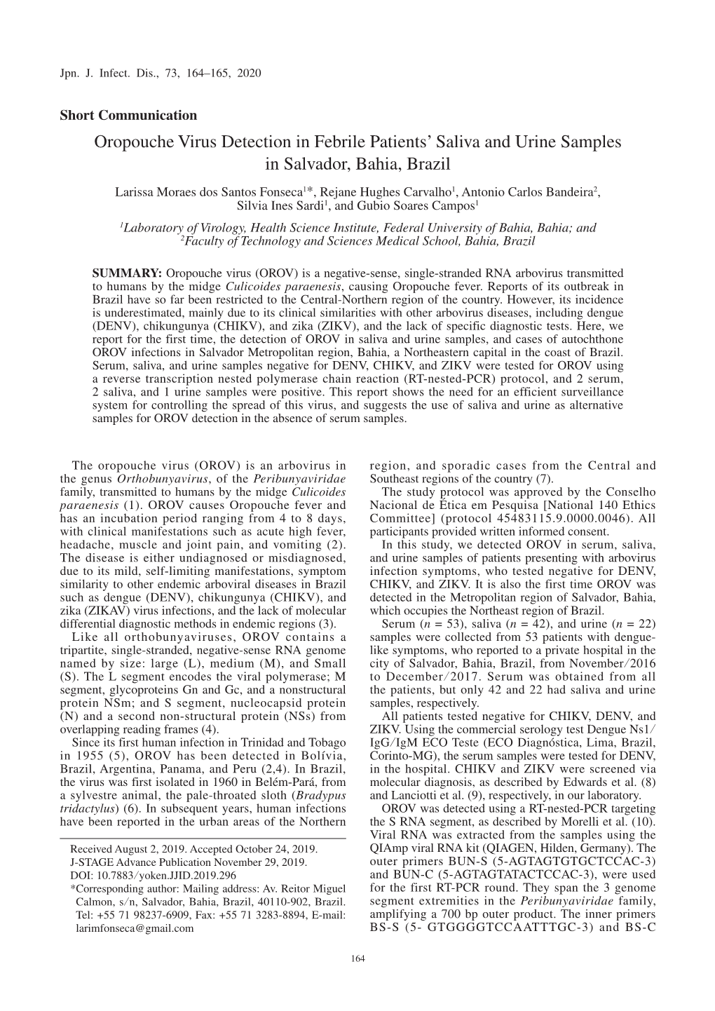 Oropouche Virus Detection in Febrile Patients' Saliva and Urine Samples