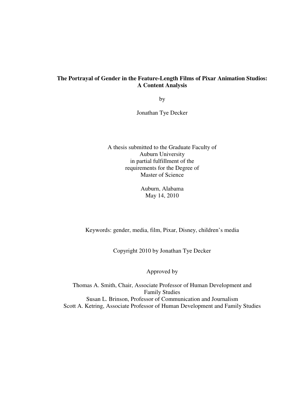 The Portrayal of Gender in the Feature-Length Films of Pixar Animation Studios: a Content Analysis