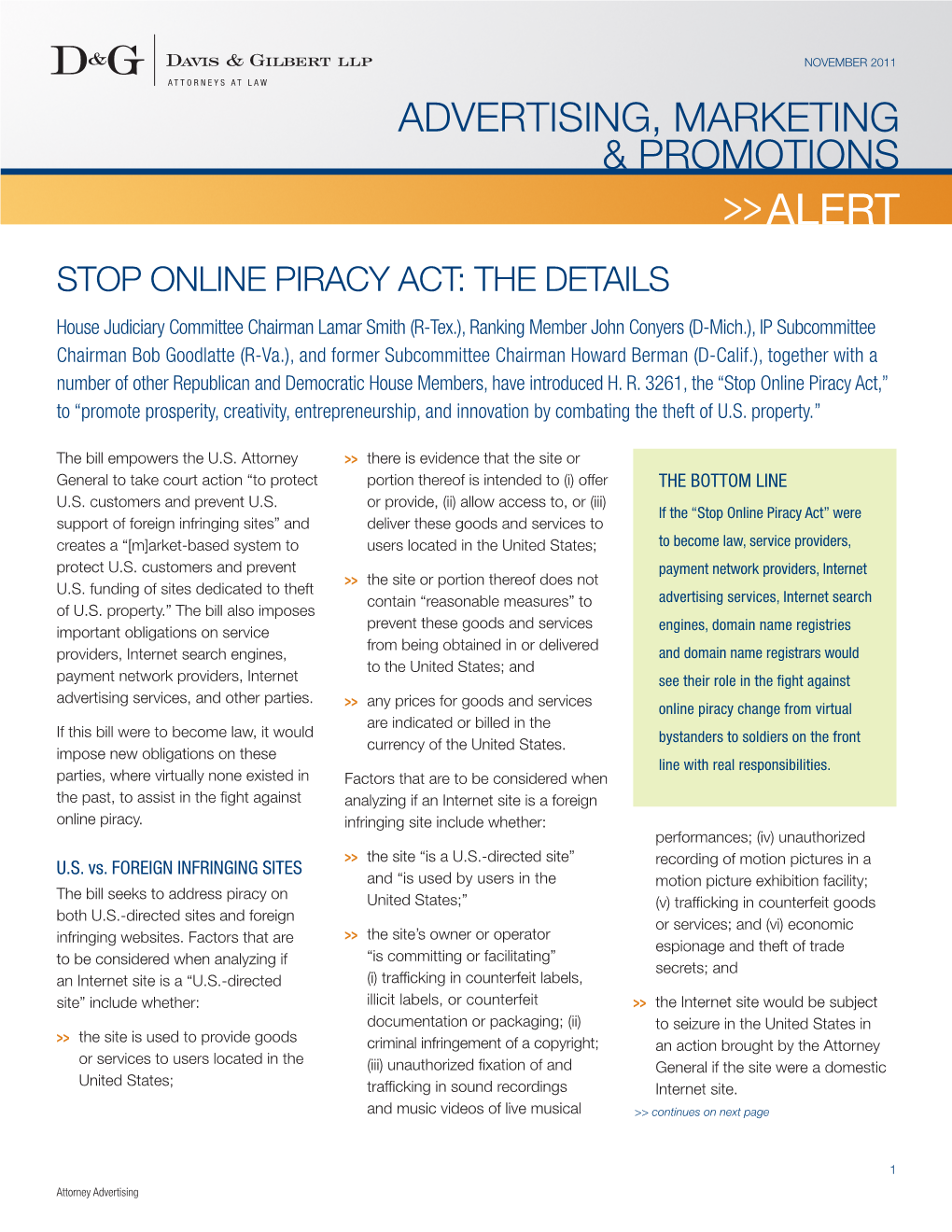 Advertising, Marketing & Promotions Alert &gt;&gt; Stop Online Piracy Act: The