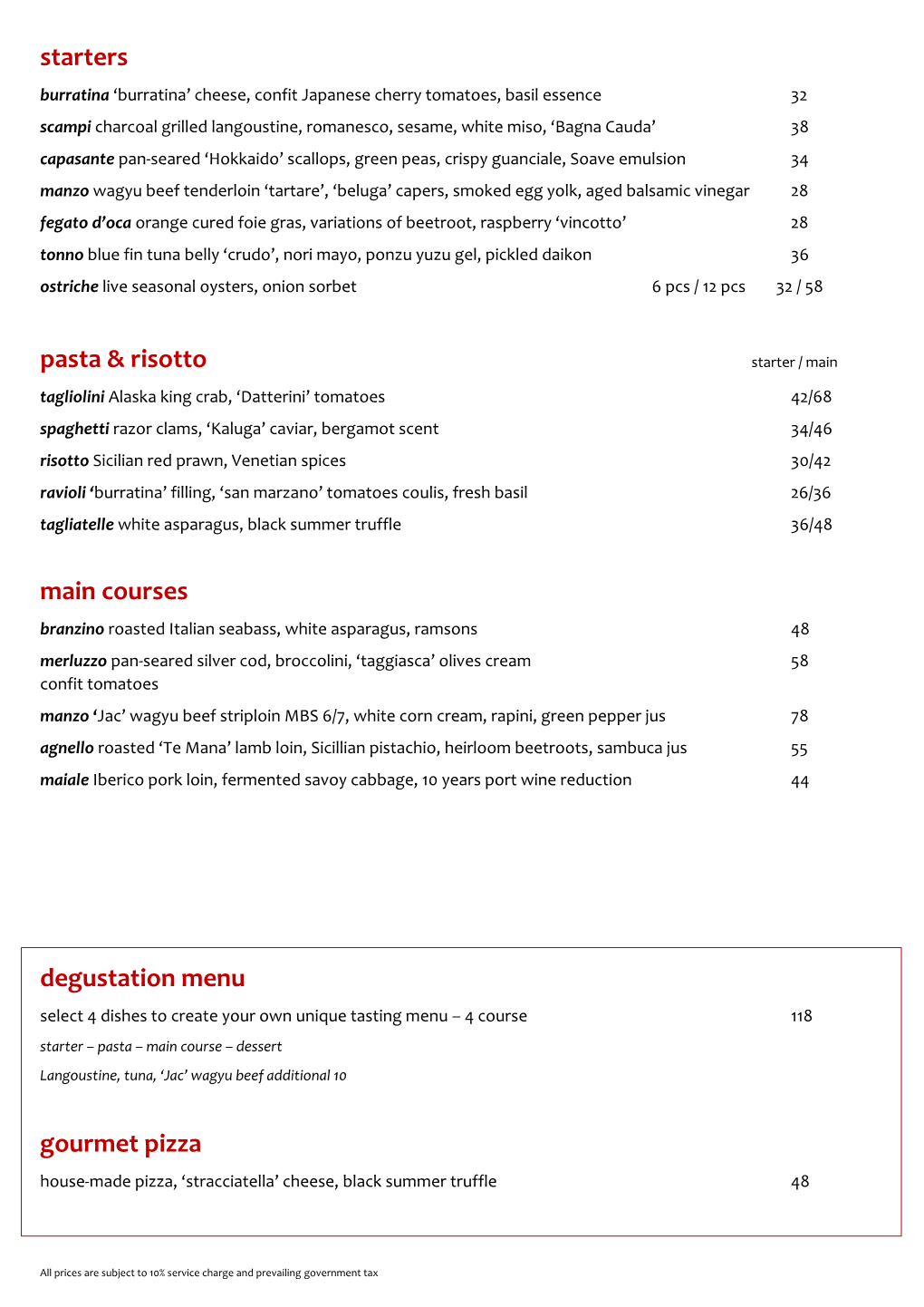 Starters Pasta & Risotto Main Courses Degustation Menu Gourmet Pizza