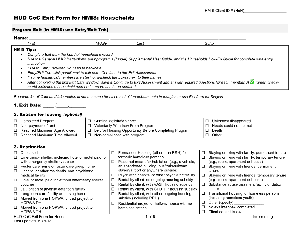 HUD Cocexit Form for HMIS: Households