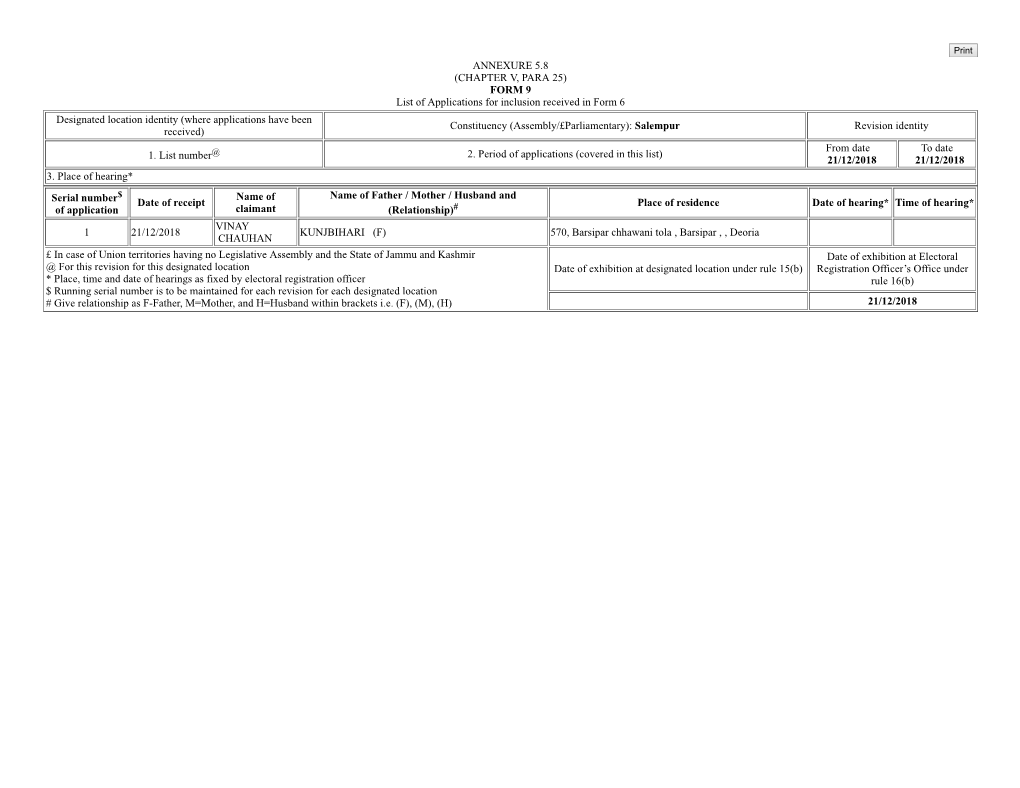 ANNEXURE 5.8 (CHAPTER V, PARA 25) FORM 9 List of Applications For