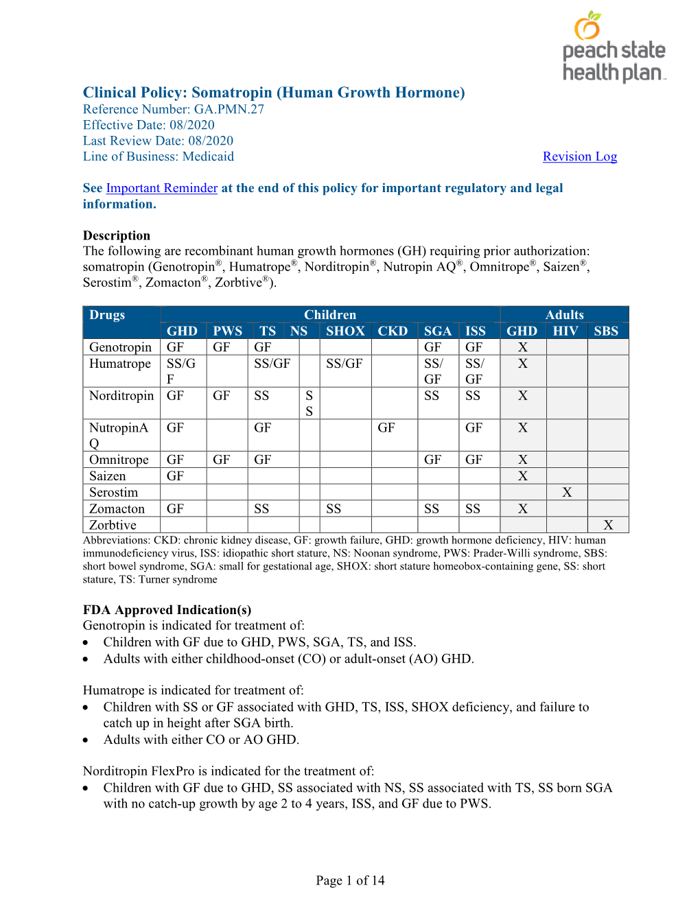 Somatropin (Human Growth Hormone) Reference Number: GA.PMN.27 Effective Date: 08/2020 Last Review Date: 08/2020 Line of Business: Medicaid Revision Log