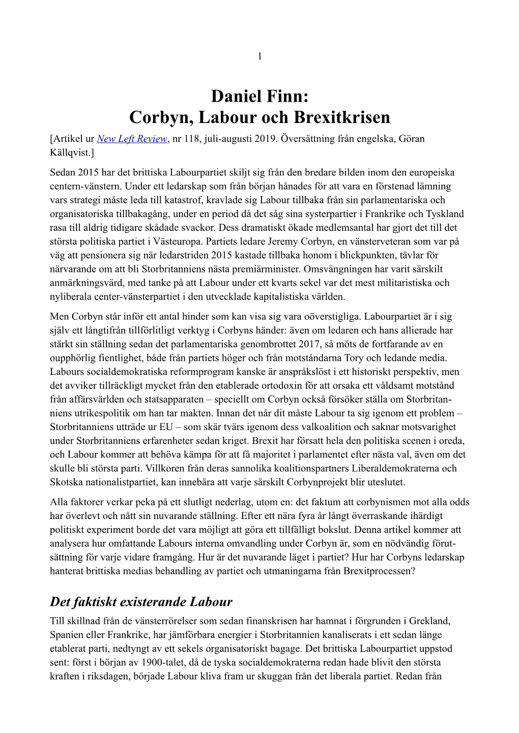 Corbyn, Labour Och Brexitkrisen [Artikel Ur New Left Review, Nr 118, Juli-Augusti 2019