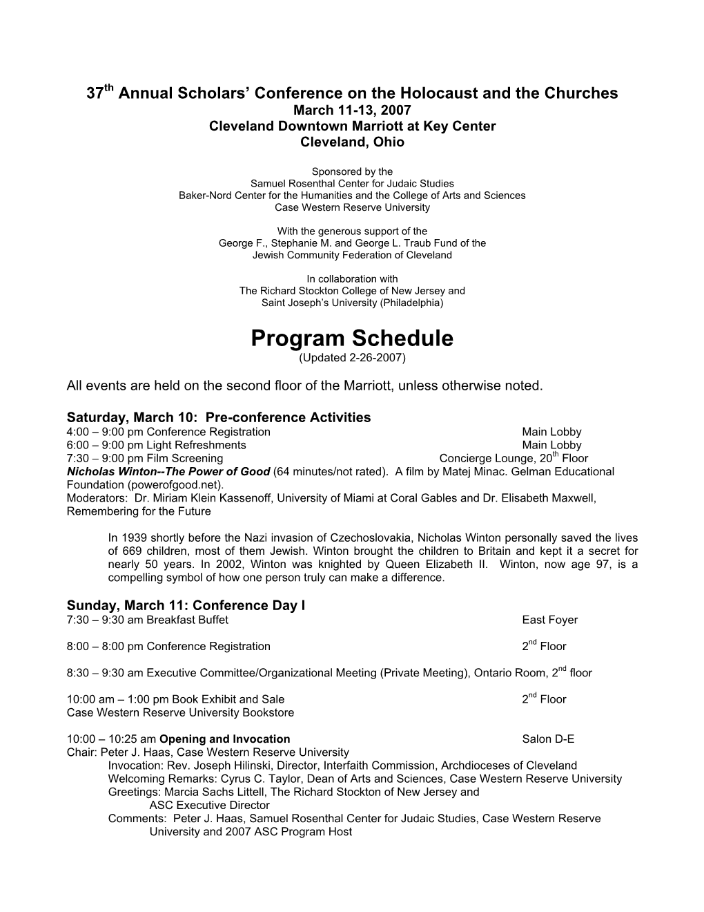 Program Schedule (Updated 2-26-2007)