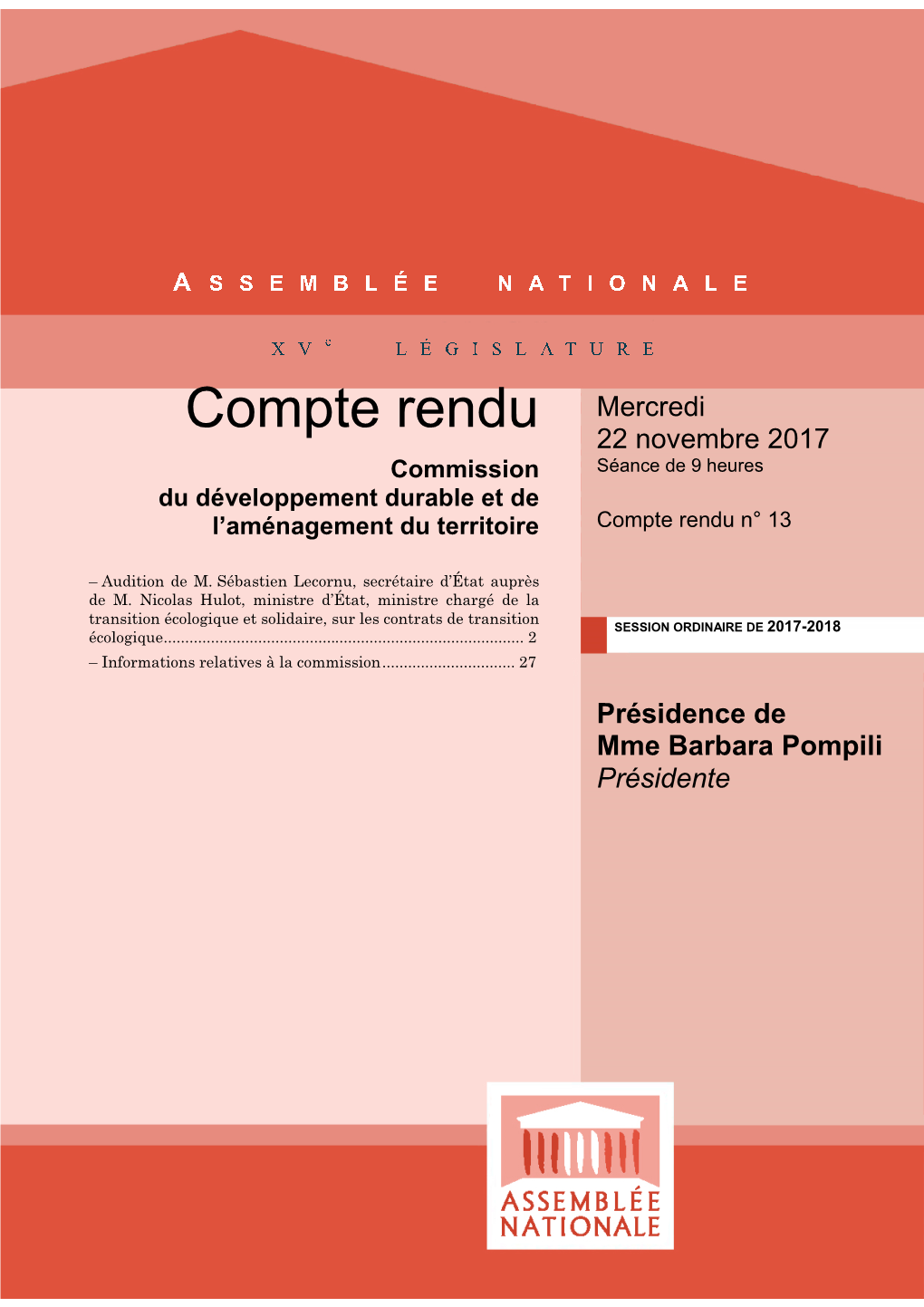 Compte Rendu Mercredi 22 Novembre 2017 Commission Séance De 9 Heures Du Développement Durable Et De L’Aménagement Du Territoire Compte Rendu N° 13