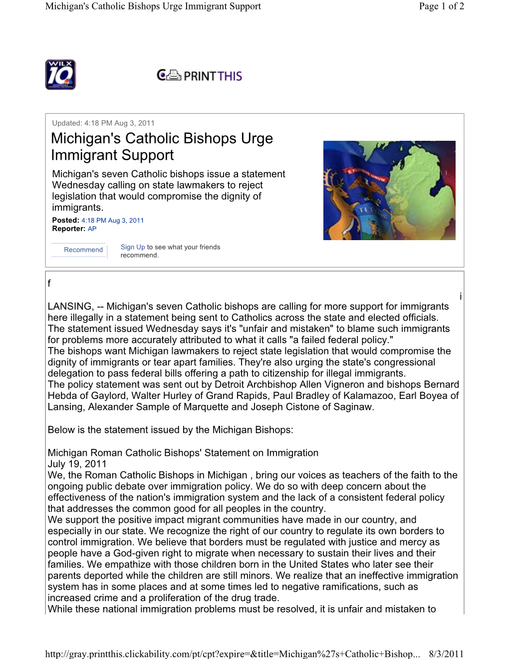 Michigan's Catholic Bishops Urge Immigrant Support Page 1 of 2