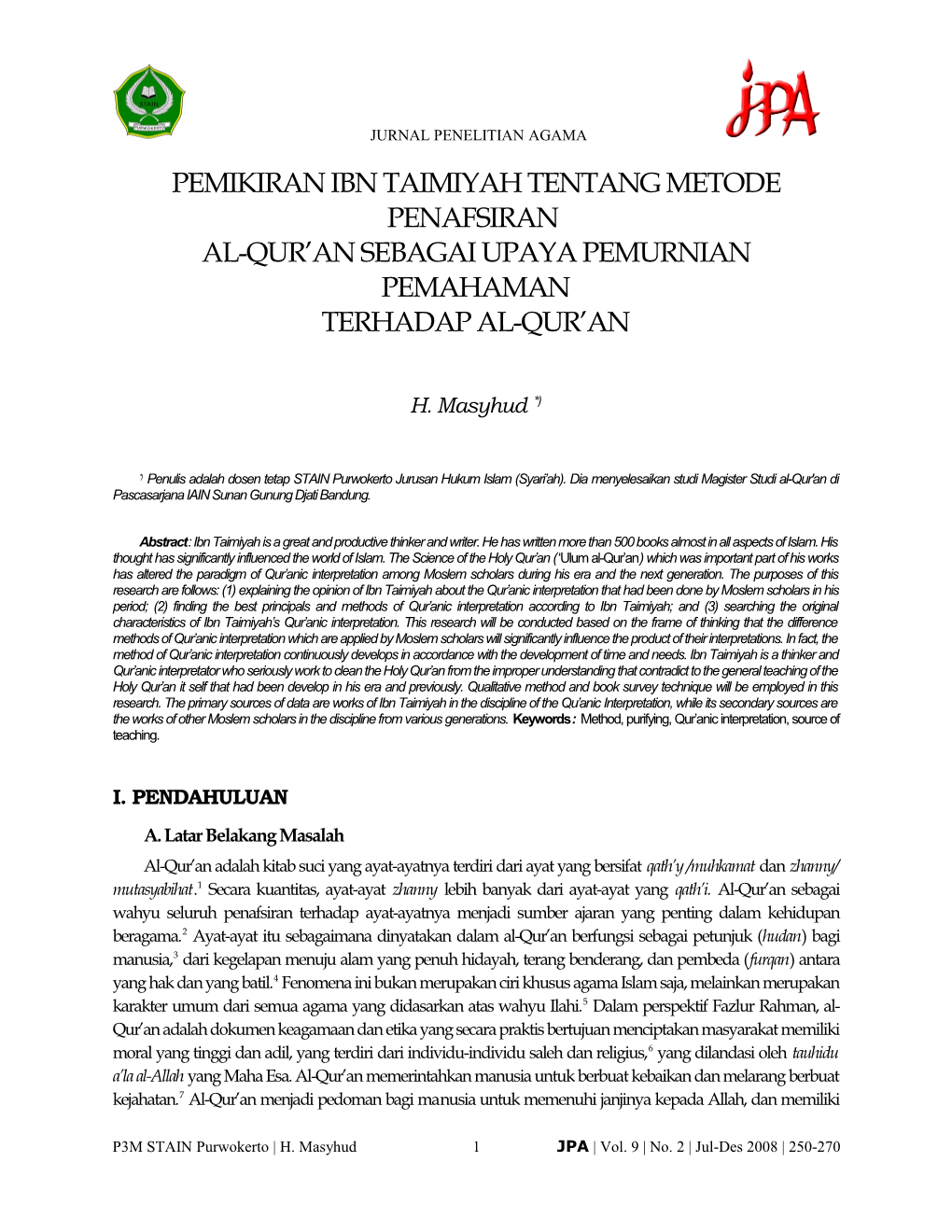 Pemikiran Ibn Taimiyah Tentang Metode Penafsiran Al-Qur’An Sebagai Upaya Pemurnian Pemahaman Terhadap Al-Qur’An