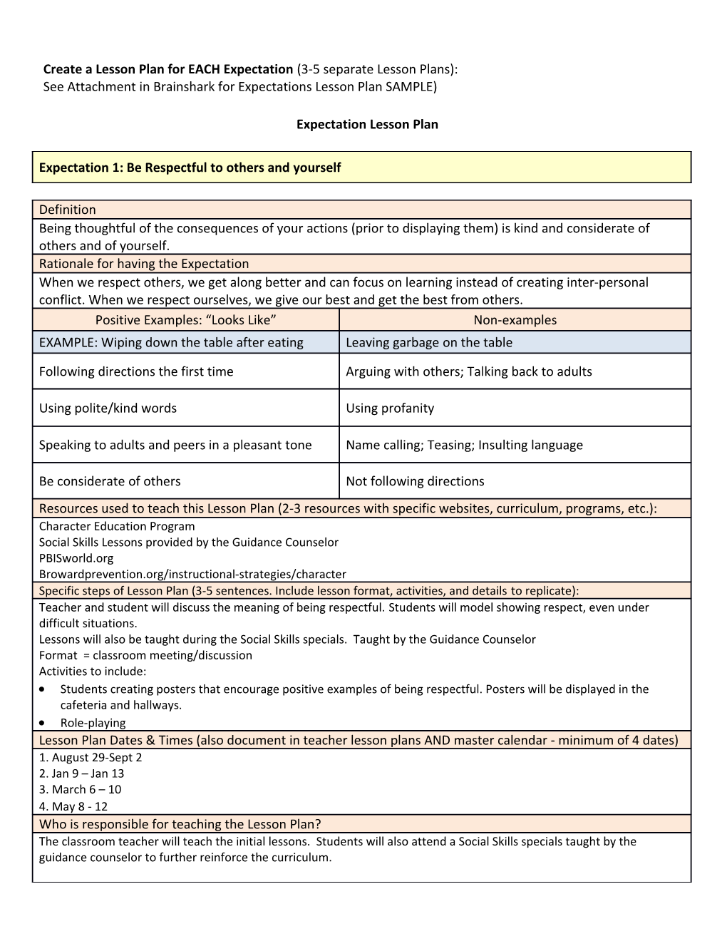 See Attachment in Brainshark for Expectations Lesson Plan SAMPLE) s1