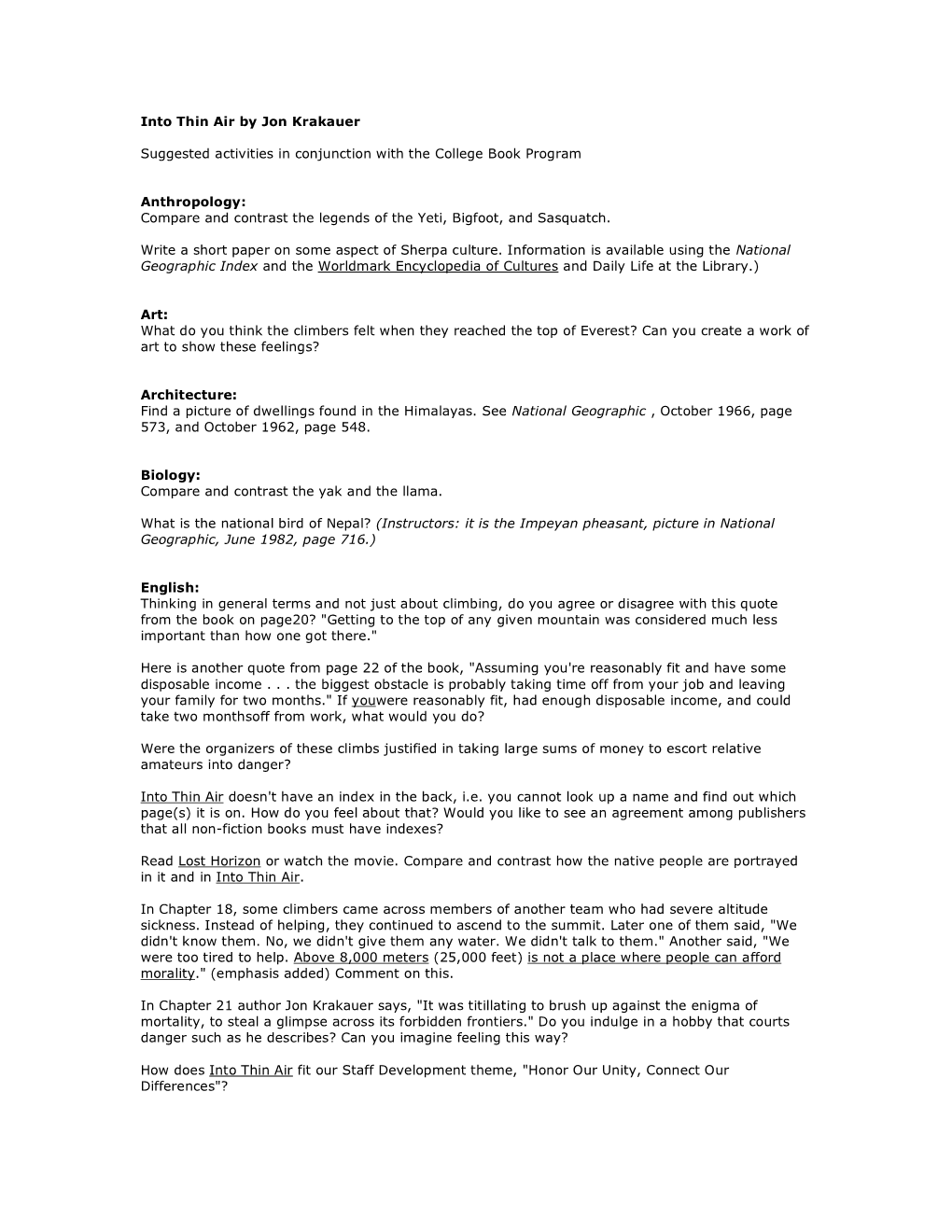 Into Thin Air by Jon Krakauer Suggested Activities in Conjunction with the College Book Program Anthropology: Compare and Contr