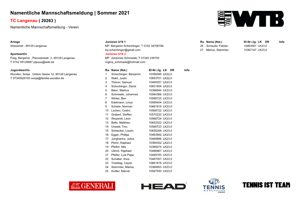 Namentliche Mannschaftsmeldung | Sommer 2021 TC Langenau ( 20263 ) Namentliche Mannschaftsmeldung - Verein