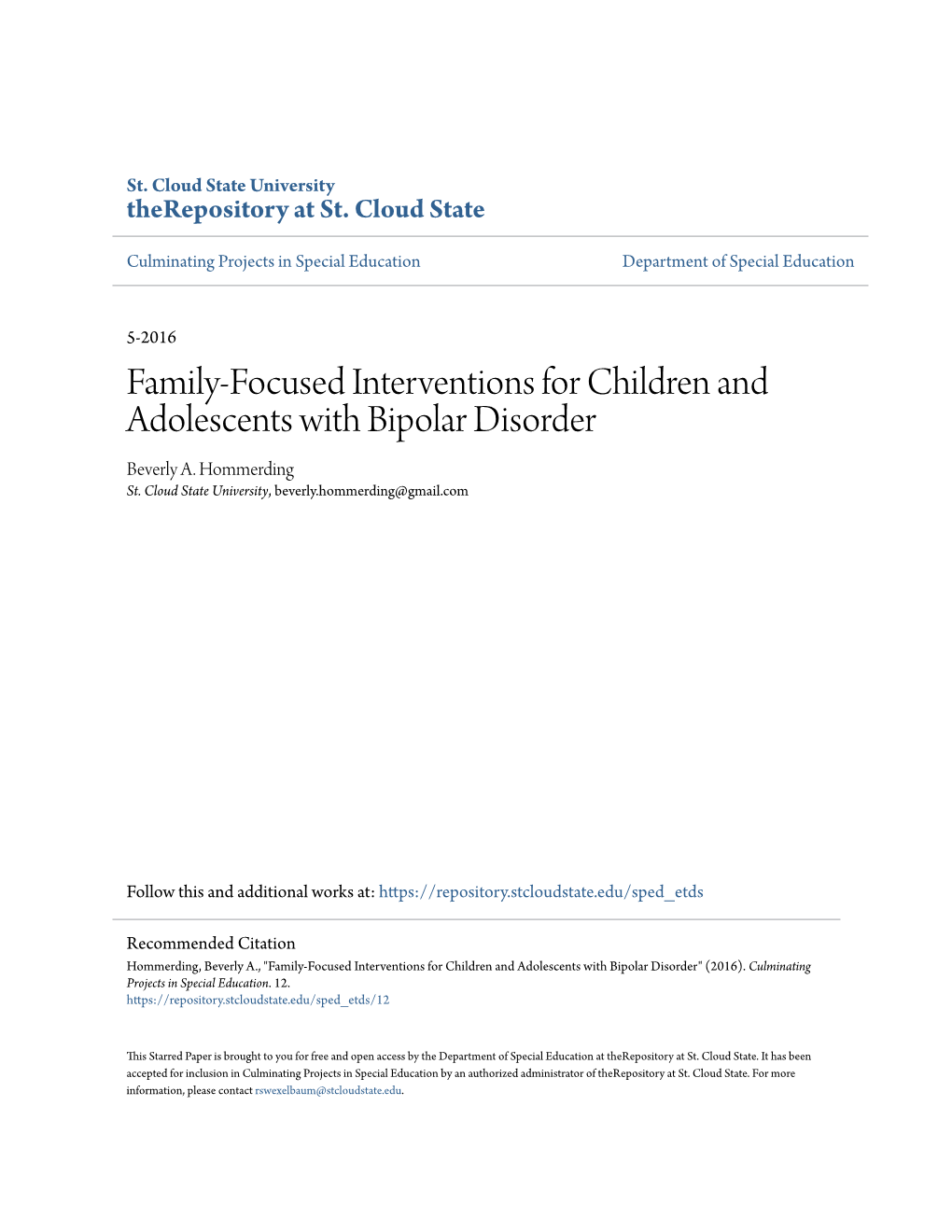 Family-Focused Interventions for Children and Adolescents with Bipolar Disorder Beverly A