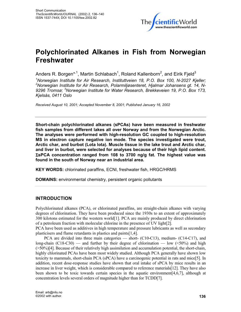 Polychlorinated Alkanes in Fish from Norwegian Freshwater