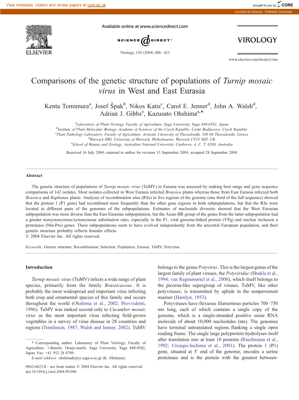 Comparisons of the Genetic Structure of Populations of Turnip Mosaic Virus in West and East Eurasia