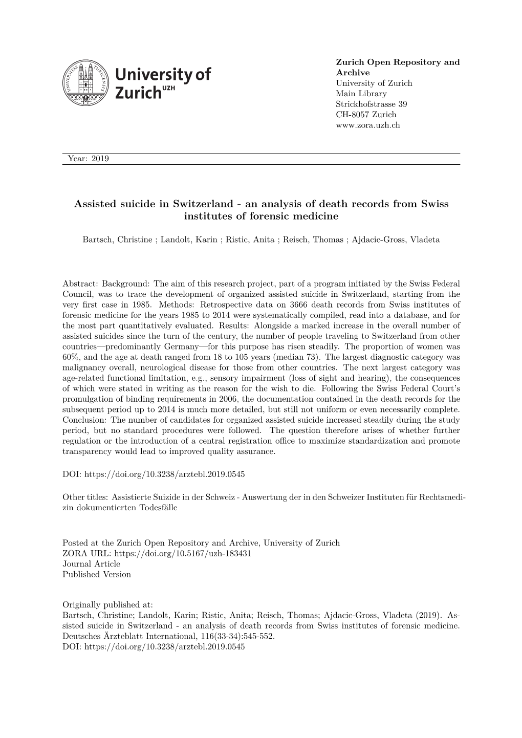 Assisted Suicide in Switzerland - an Analysis of Death Records from Swiss Institutes of Forensic Medicine