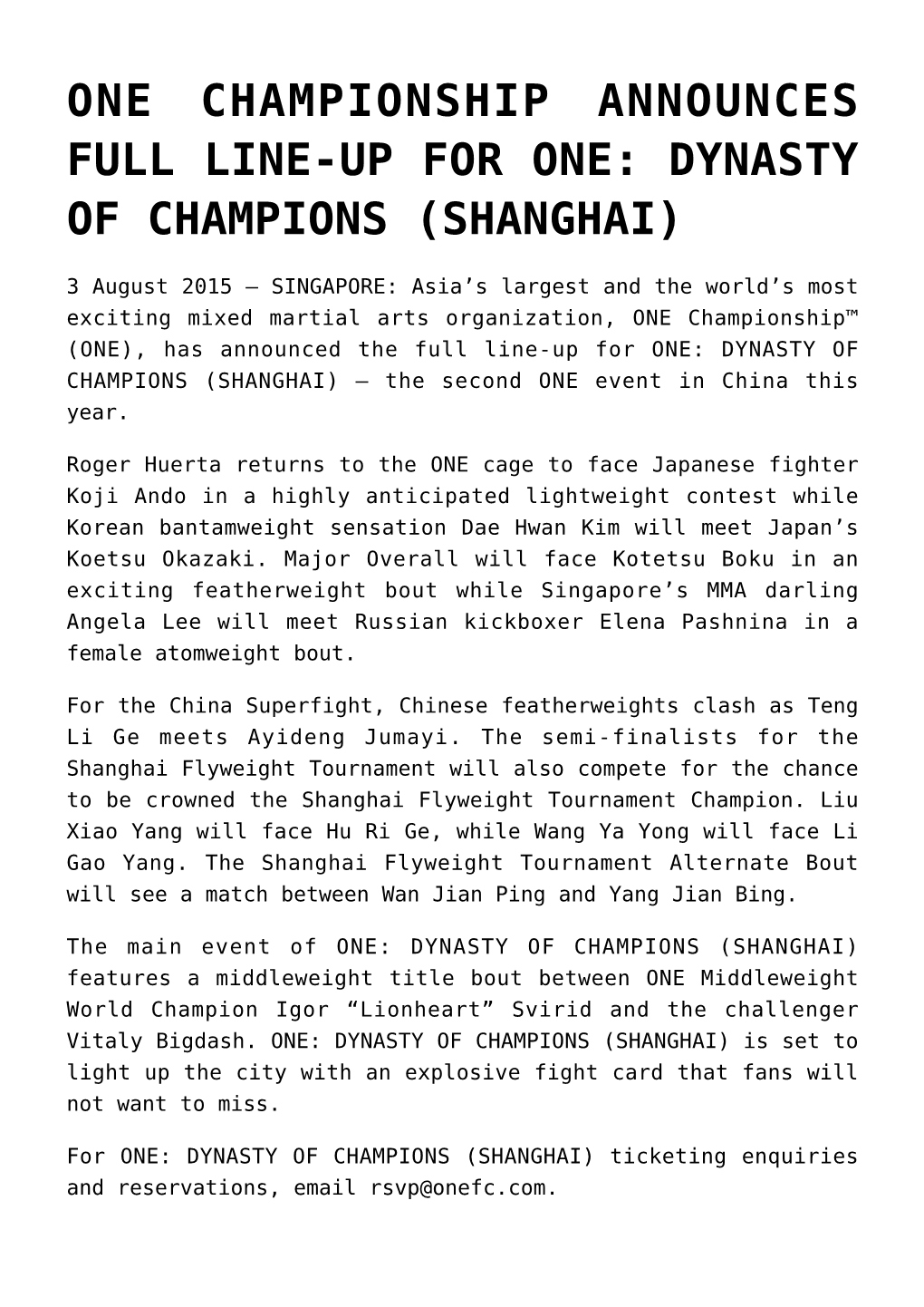 One Championship Announces Full Line-Up for One: Dynasty of Champions (Shanghai)