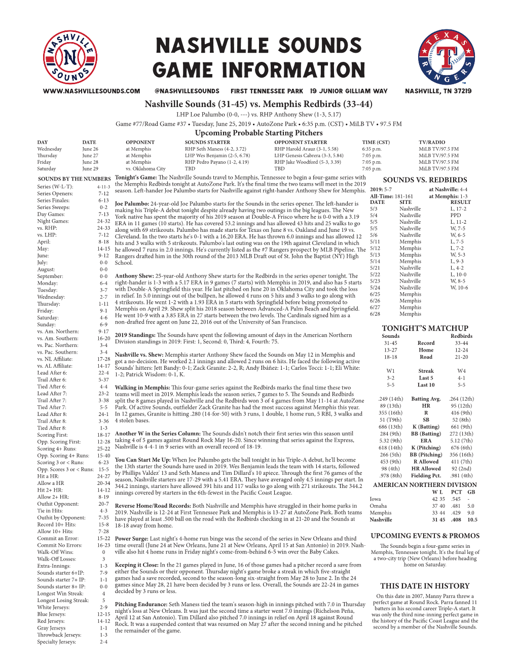 Nashville Sounds Game Information @Nashvillesounds First Tennessee Park 19 Junior Gilliam Way Nashville, TN 37219 Nashville Sounds (31-45) Vs