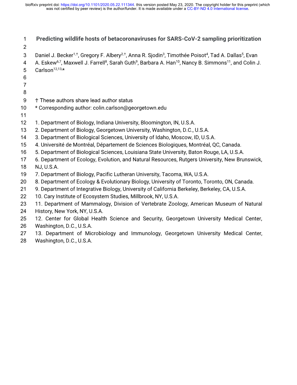 Predicting Wildlife Hosts of Betacoronaviruses for SARS-Cov-2 Sampling Prioritization 2 3 Daniel J
