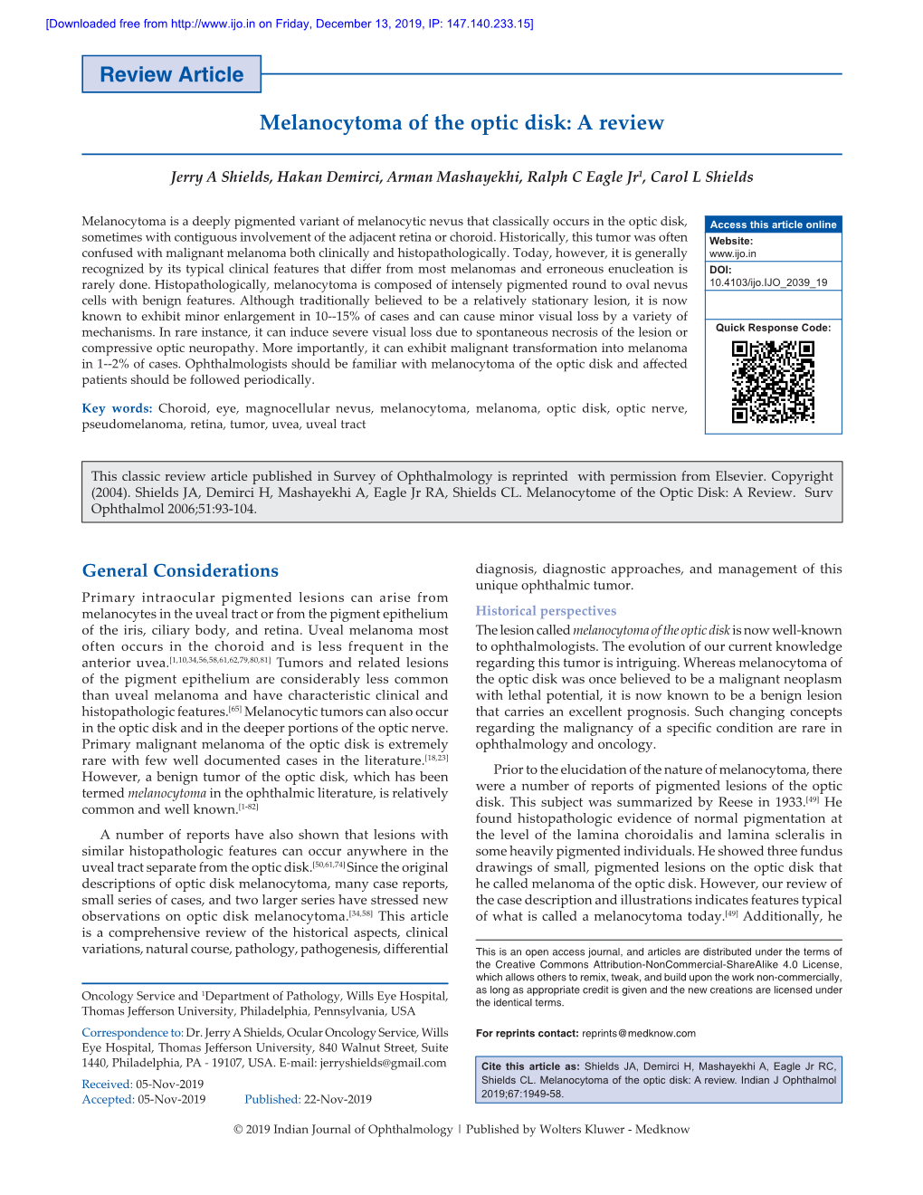 Melanocytoma of the Optic Disk: a Review