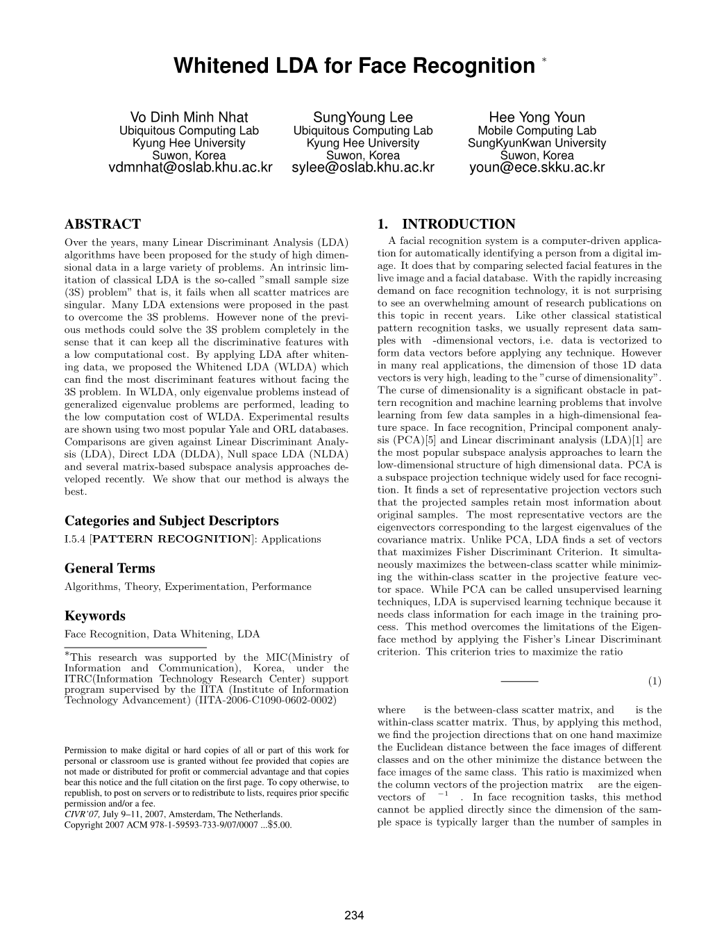 Whitened LDA for Face Recognition ∗