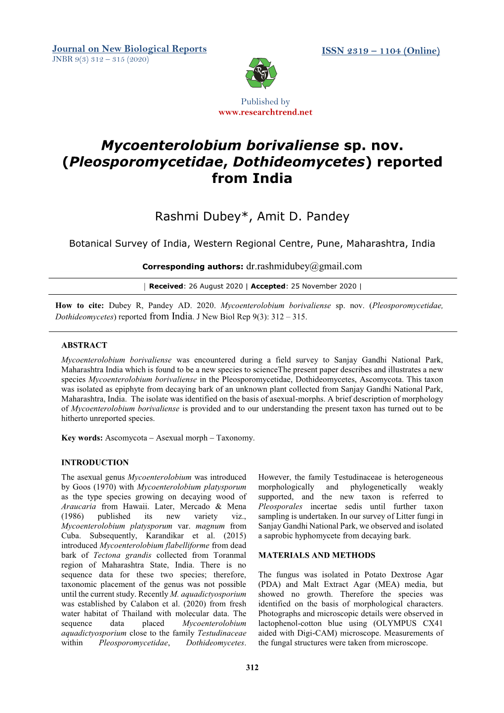 Mycoenterolobium Borivaliense Sp. Nov. (Pleosporomycetidae, Dothideomycetes) Reported from India