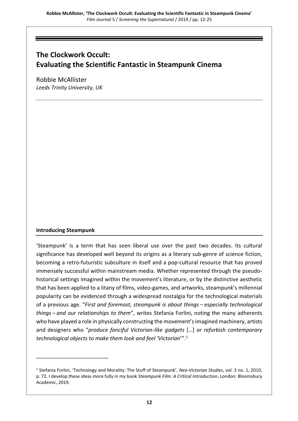 Evaluating the Scientific Fantastic in Steampunk Cinema’ Film Journal 5 / Screening the Supernatural / 2019 / Pp