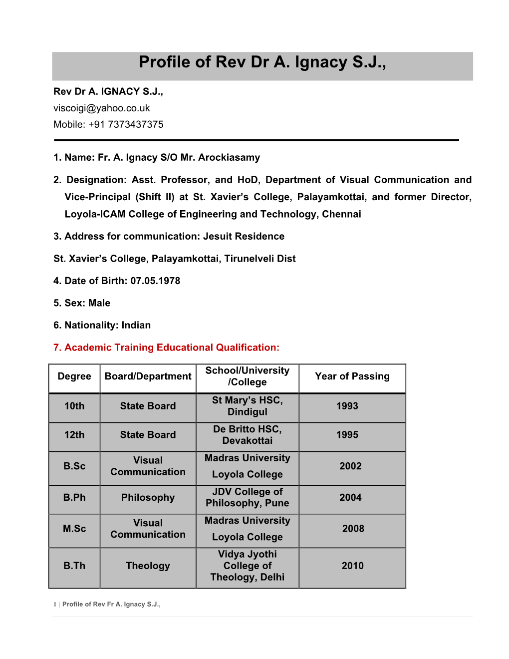 Profile of Rev Dr A. Ignacy S.J