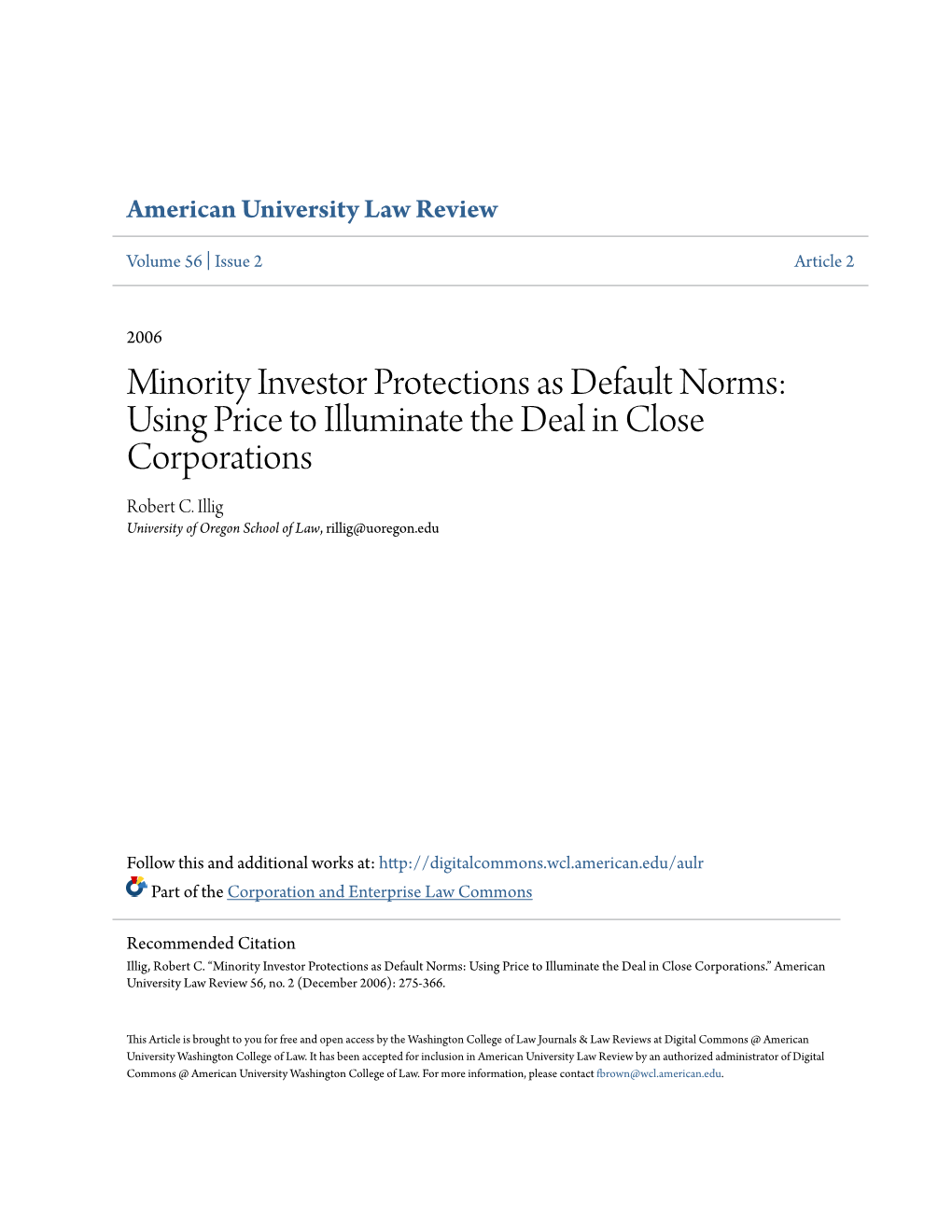 Minority Investor Protections As Default Norms: Using Price to Illuminate the Deal in Close Corporations Robert C