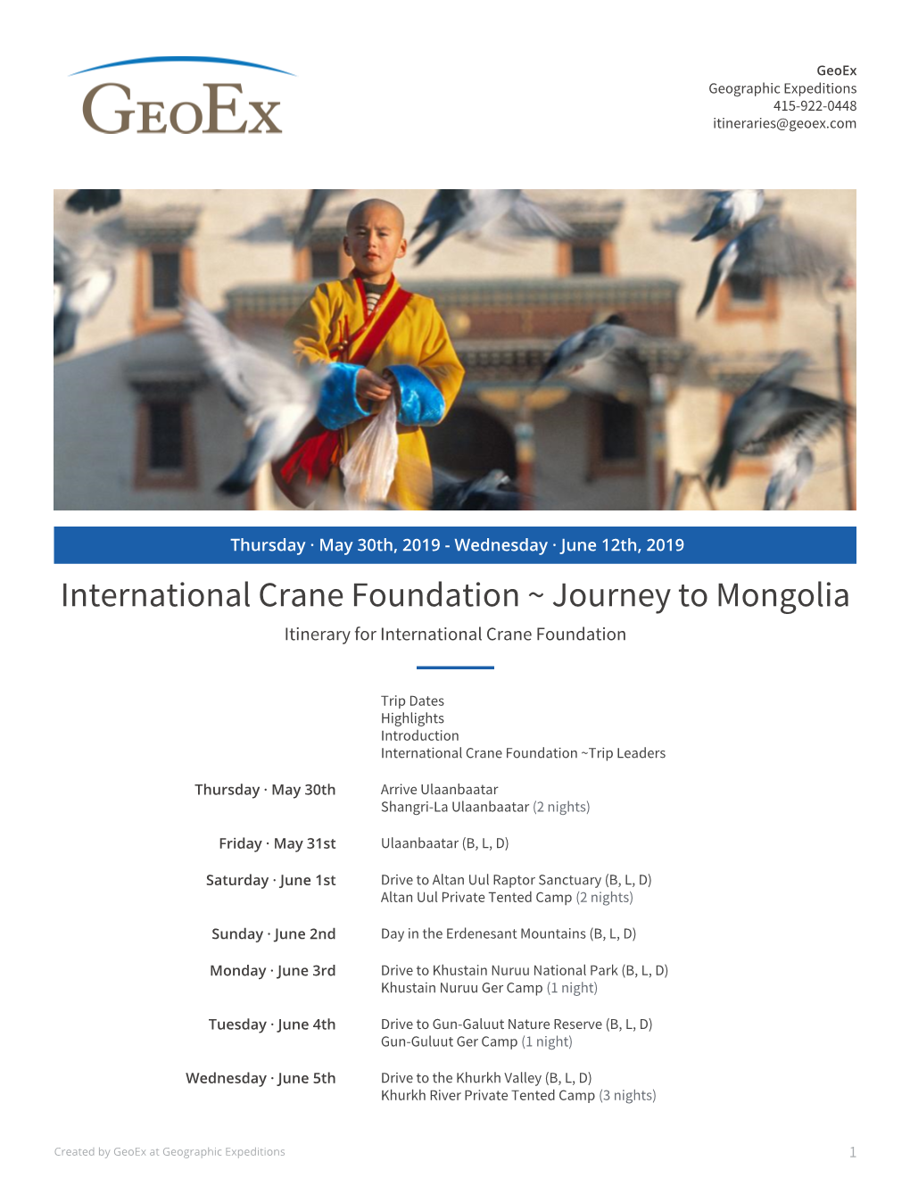 International Crane Foundation ~ Journey to Mongolia Itinerary for International Crane Foundation