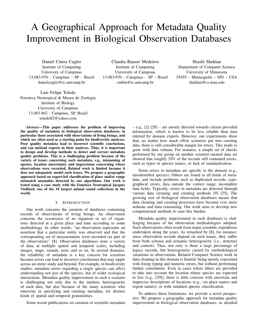 A Geographical Approach for Metadata Quality Improvement in Biological Observation Databases