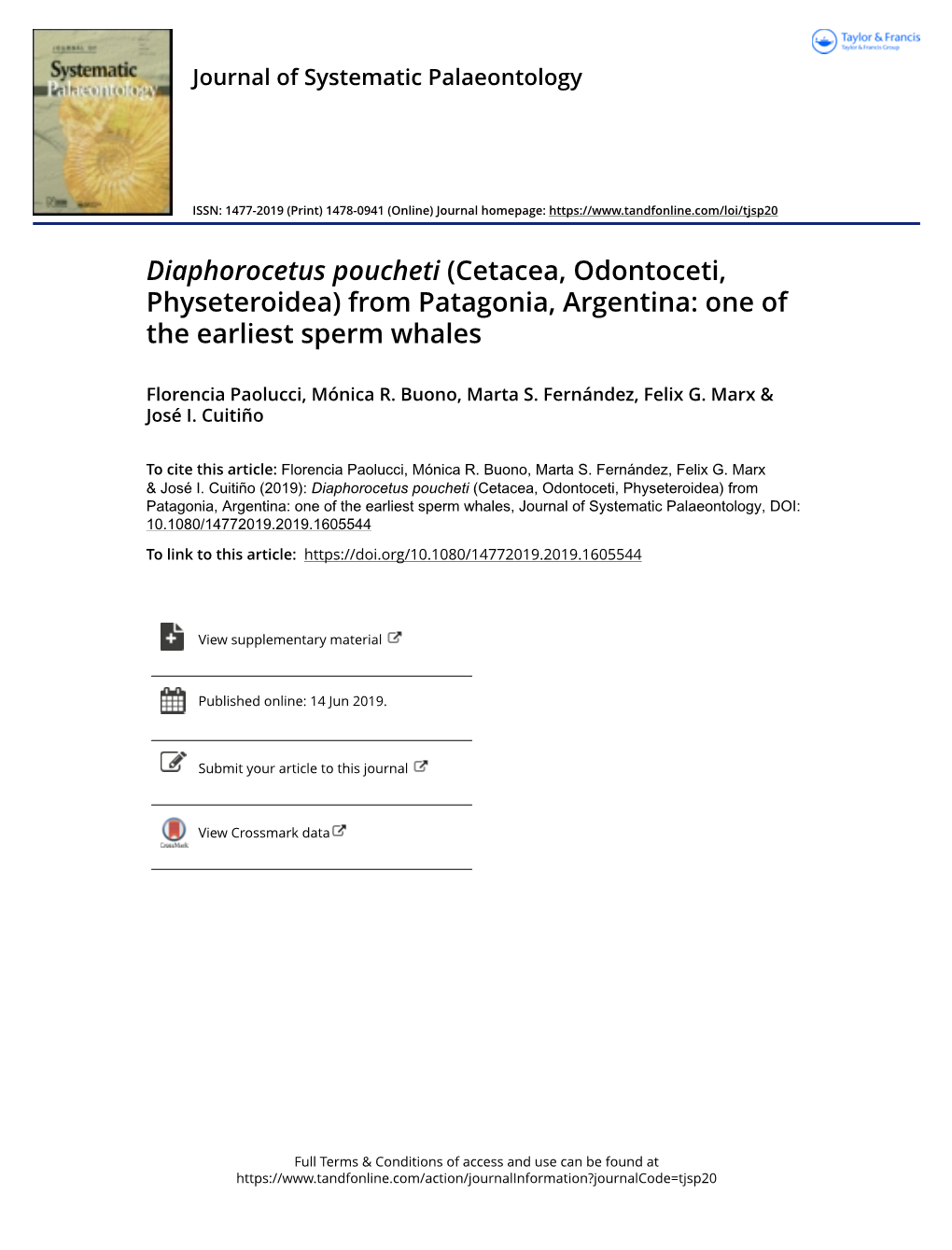 Diaphorocetus Poucheti (Cetacea, Odontoceti, Physeteroidea) from Patagonia, Argentina: One of the Earliest Sperm Whales