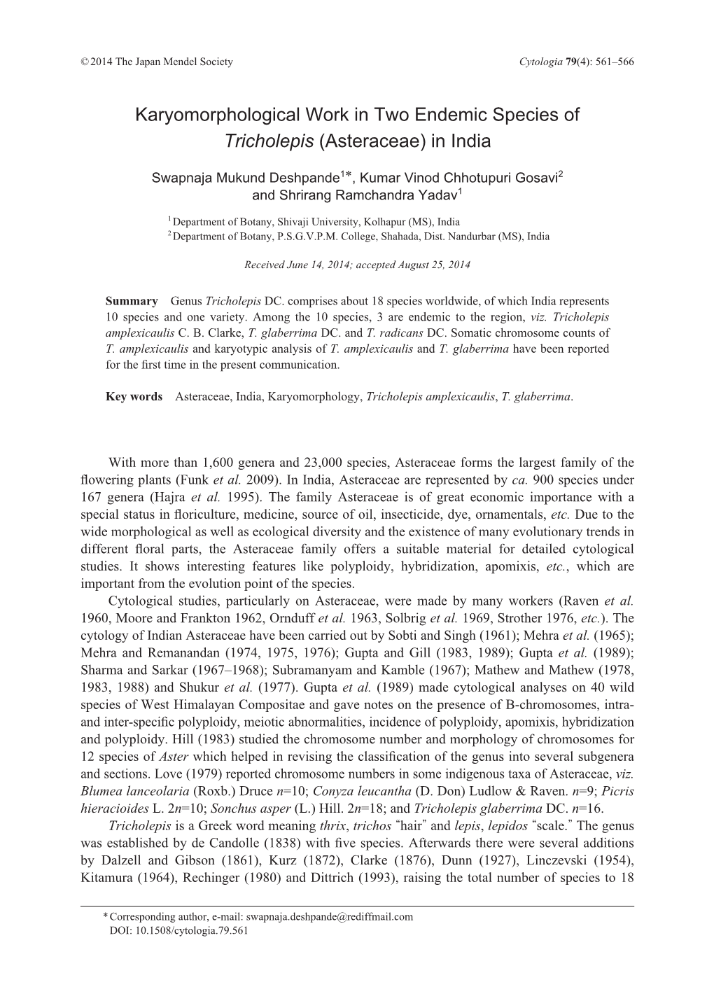 Karyomorphological Work in Two Endemic Species of Tricholepis (Asteraceae) in India