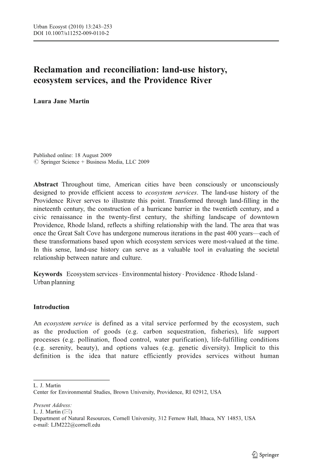 Reclamation and Reconciliation: Land-Use History, Ecosystem Services, and the Providence River