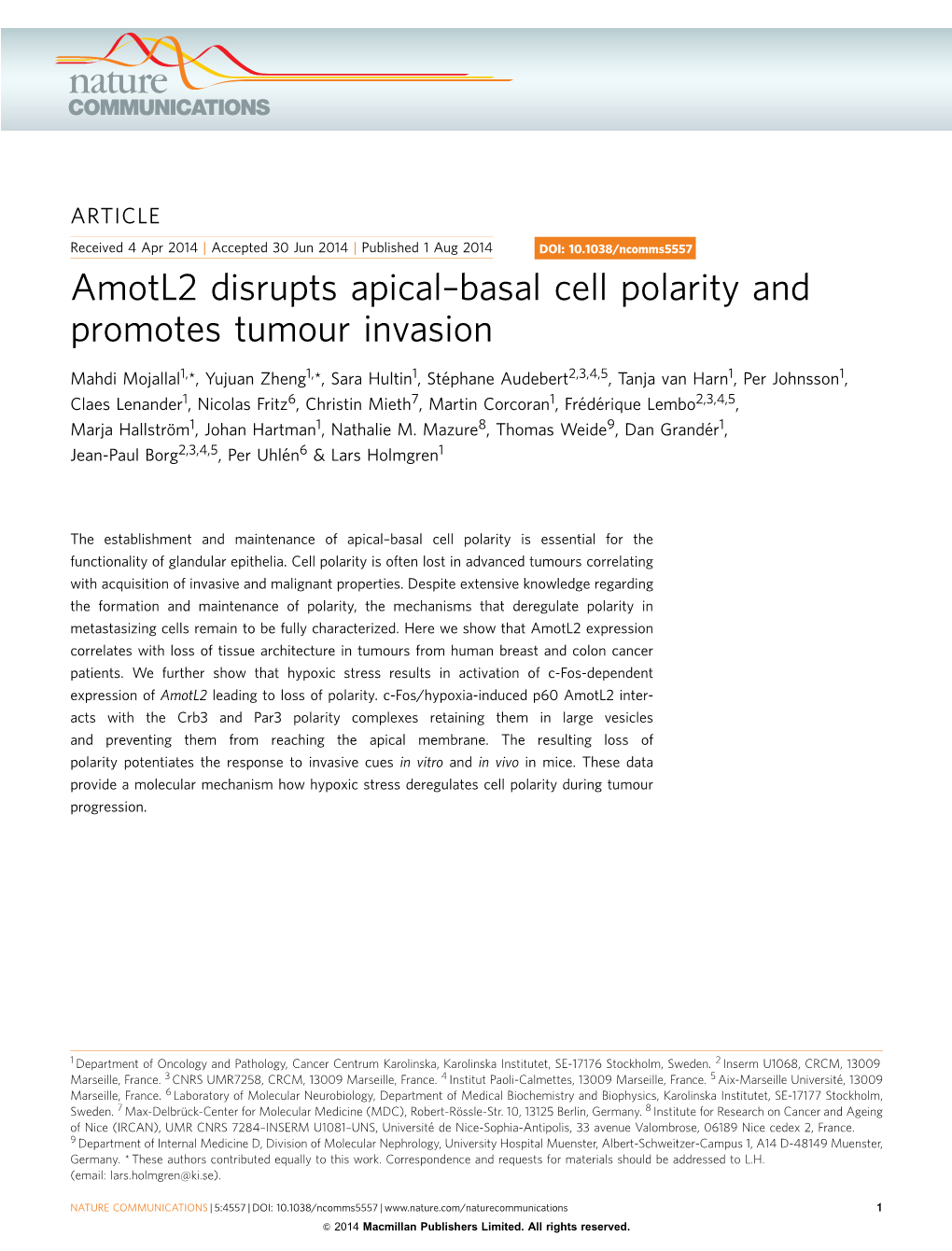 Amotl2 Disrupts Apical–Basal Cell Polarity and Promotes Tumour Invasion