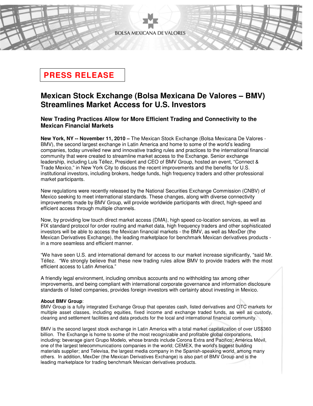 Mexican Stock Exchange (Bolsa Mexicana De Valores – BMV) Streamlines Market Access for U.S