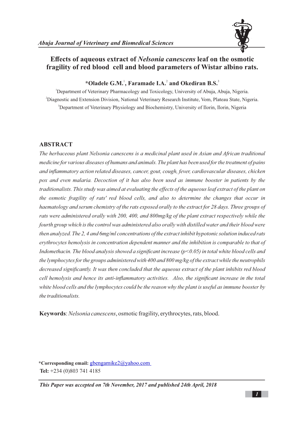 Effects of Aqueous Extract of Leaf on the Osmotic Nelsonia Canescens